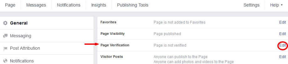 Facebook page verification status screen